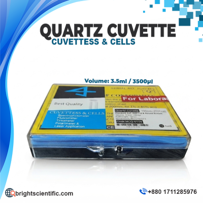 Quartz Cuvette 3.5ml (3,500µl) optical quartz cell for UV-Vis spectrophotometer, spectroscopy, and laboratory analytical applications.