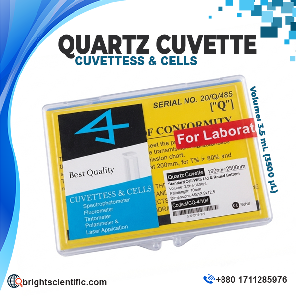 Quartz Cuvette 3.5ml (3,500µl) optical quartz cell for UV-Vis spectrophotometer, spectroscopy, and laboratory analytical applications.