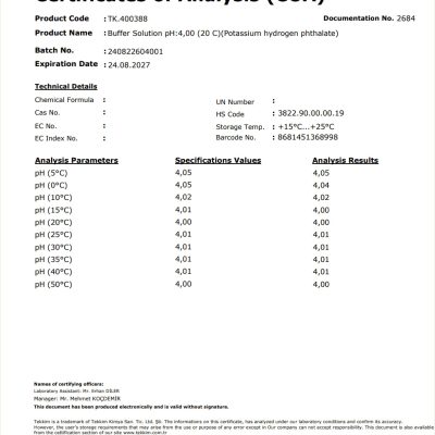 Buffer Solution pH 4,00 COA Tekkim