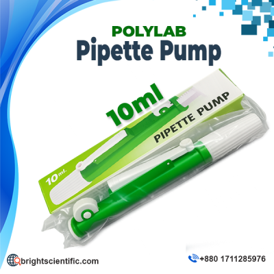 Polylab Pipette Pump 10ml manual pipette filler for accurate liquid transfer with glass and plastic pipettes in laboratory applications.