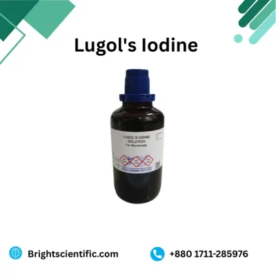 Lugol's Iodine Loba India 500ml laboratory-grade iodine solution for microbiology, chemical analysis, and research applications.