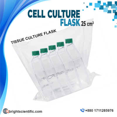 Sterile Cell Culture Flask 25 cm² with green screw cap for tissue culture, cell growth, and laboratory research applications.