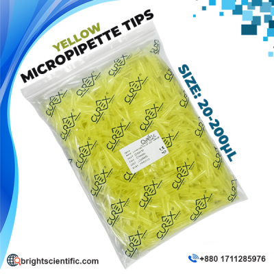 Curex Yellow Pipette Tips 200µL made from virgin polypropylene (PP), disposable laboratory micropipette tips for accurate liquid handling and sample transfer.