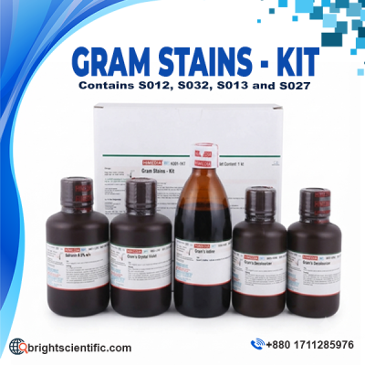 HiMedia Gram Stains Kit containing Crystal Violet, Gram's Iodine, Gram Decolouriser & Safranin for microbiology laboratory use