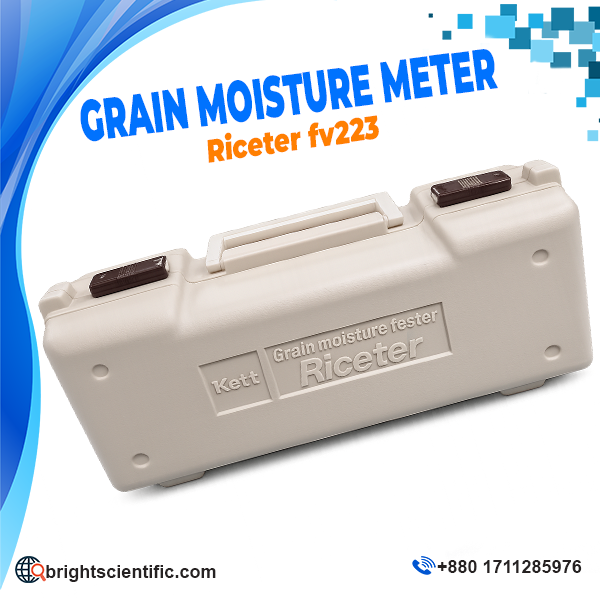 Riceter FV22S Grain Moisture Meter with digital LCD display, sample chamber, accessories, and carrying case for accurate grain moisture testing.