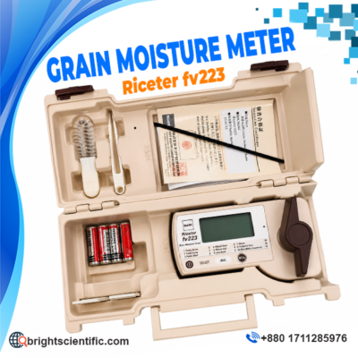 Riceter FV22S Grain Moisture Meter with digital LCD display, sample chamber, accessories, and carrying case for accurate grain moisture testing.