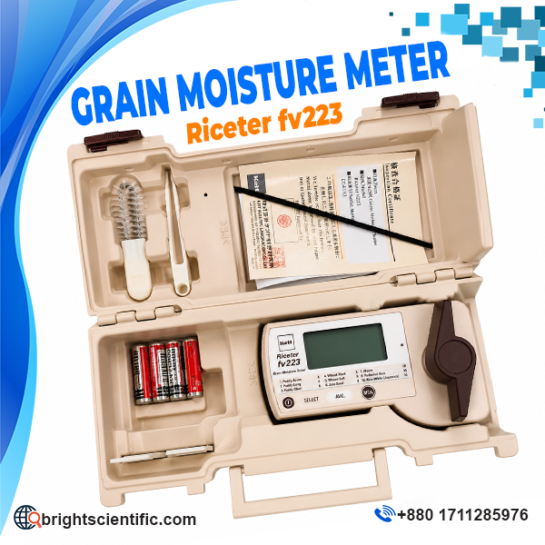 Riceter FV22S Grain Moisture Meter with digital LCD display, sample chamber, accessories, and carrying case for accurate grain moisture testing.