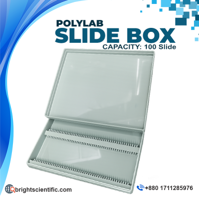 POLYLAB Microscope Slide Storage Box with 100 slide capacity for laboratory and pathology applications.