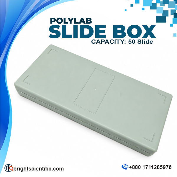 POLYLAB Microscope Slide Storage Box with 50 slide capacity for laboratory and pathology applications.