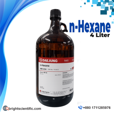 DAEJUNG n-Hexane AR Grade 4L laboratory reagent chemical bottle for analytical chemistry, chromatography, extraction, pharmaceutical, research, and industrial laboratory applications.
