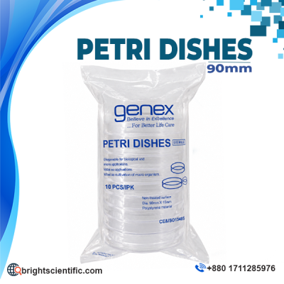 Petri Dish 90×15mm (10 Pcs/Pack) transparent medical-grade polystyrene petri dishes for microbiology, bacterial culture, and laboratory applications.